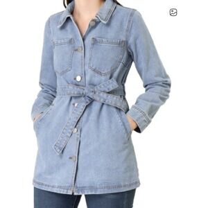 Allegra K Belted Denim Jacket Womens Medium Button Up Long Sleeve Coat‎ NWT